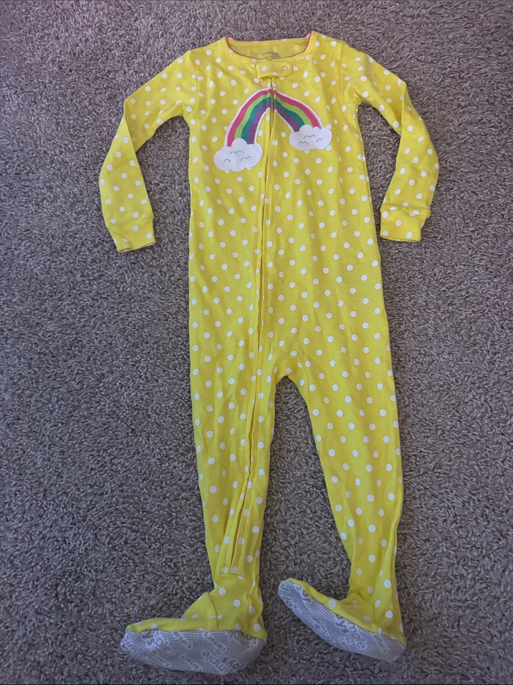 Carter's Yellow Polka Dot Footed One-Piece with Rainbow Applique